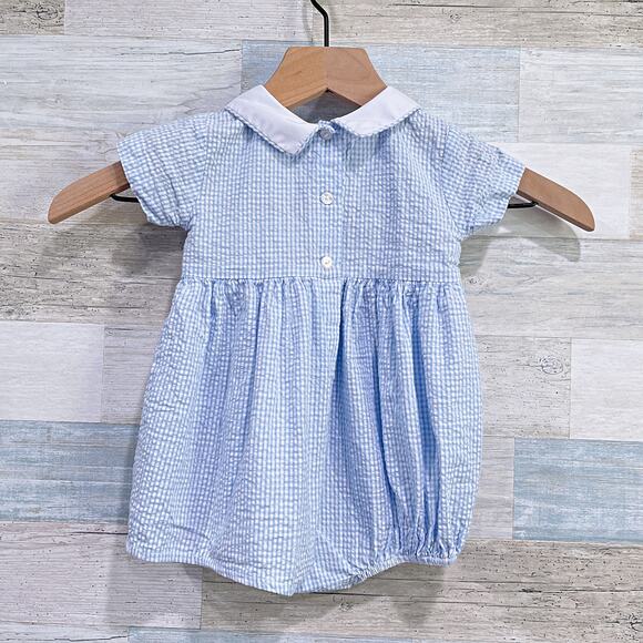 LuLu Bebe Seersucker Easter Bunny Romper Blue Peter Pan Collar Smocked Baby 9M - Picture 4 of 6